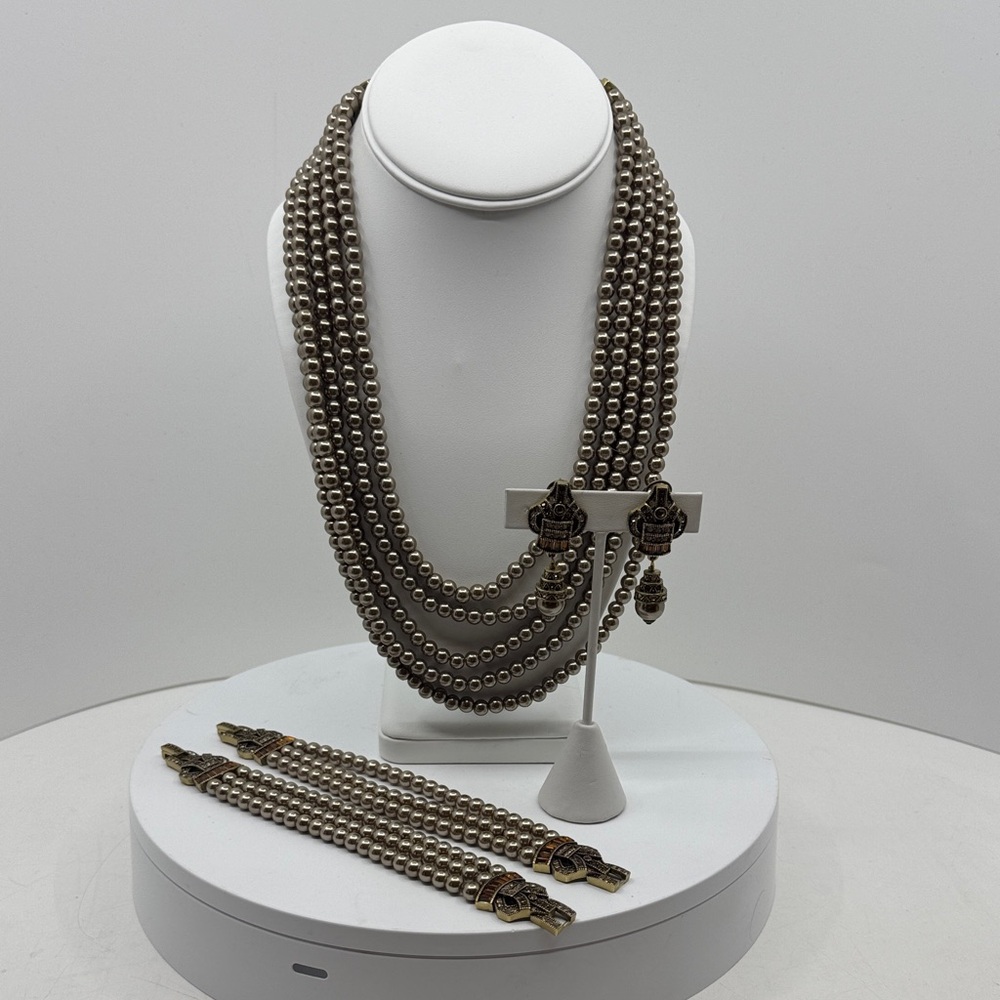 Heidi Daus Multi Strand Faux Pearl Swarovski Crystal AccentNecklace Earrings set